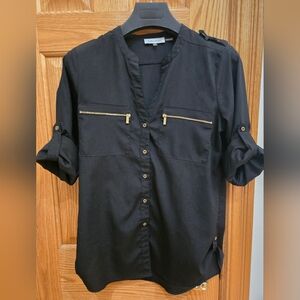Calvin Klein Black Women's Button Down Shirt With Gold Accents - Size S